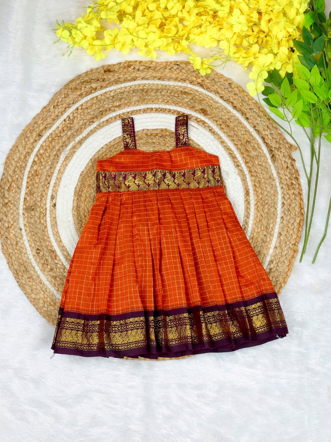 Kalyani Silk Cotton Frock - Orange and Dark Purple