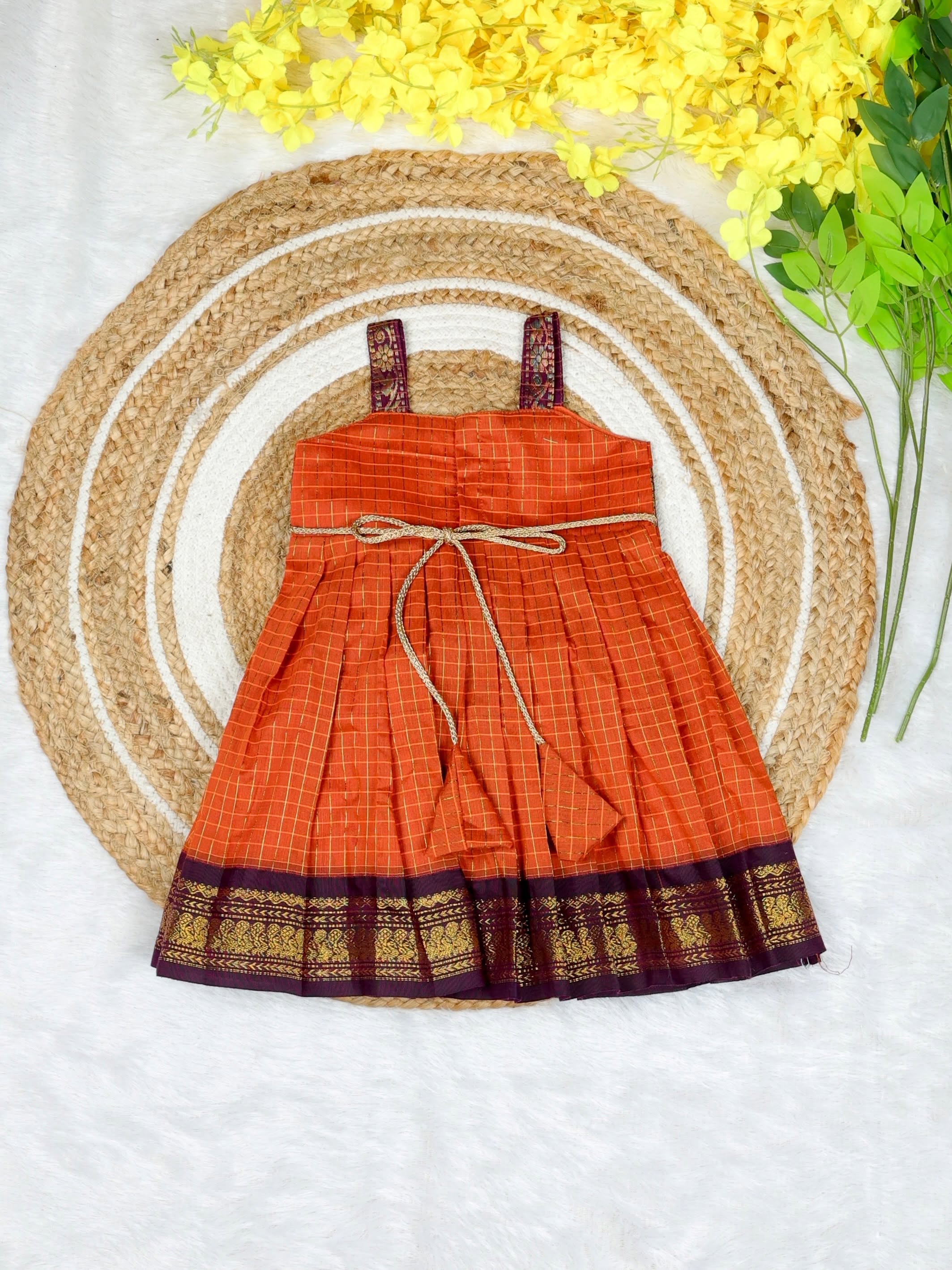 Kalyani Silk Cotton Frock - Orange and Dark Purple