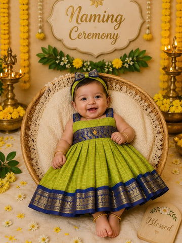 Kalyani Silk Cotton Frock - Light Green and Blue