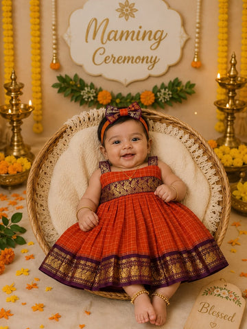 Kalyani Silk Cotton Frock - Orange and Dark Purple