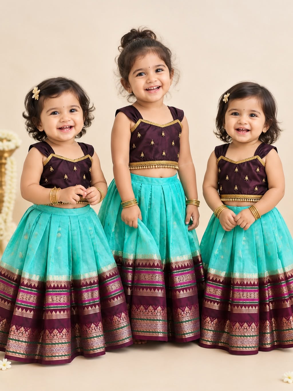 Premium Banarasi Silk Paavadai Sattai – Light Blue & Maroon Combo