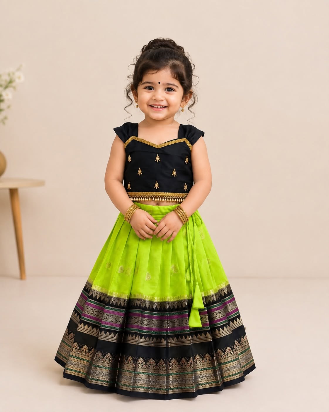 Premium Banarasi Silk Paavadai Sattai – Light Green & Black Combo