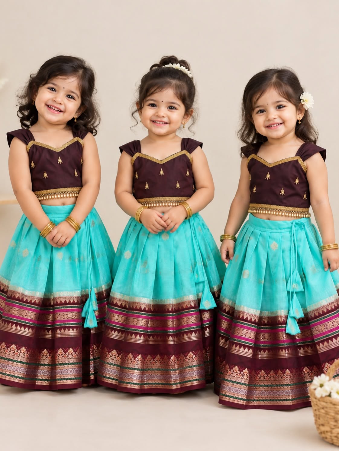 Premium Banarasi Silk Paavadai Sattai – Light Blue & Maroon Combo