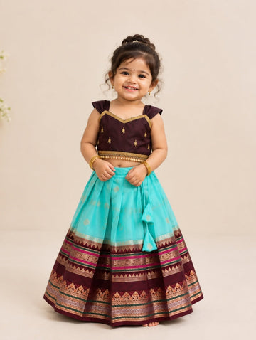 Premium Banarasi Silk Paavadai Sattai – Light Blue & Maroon Combo