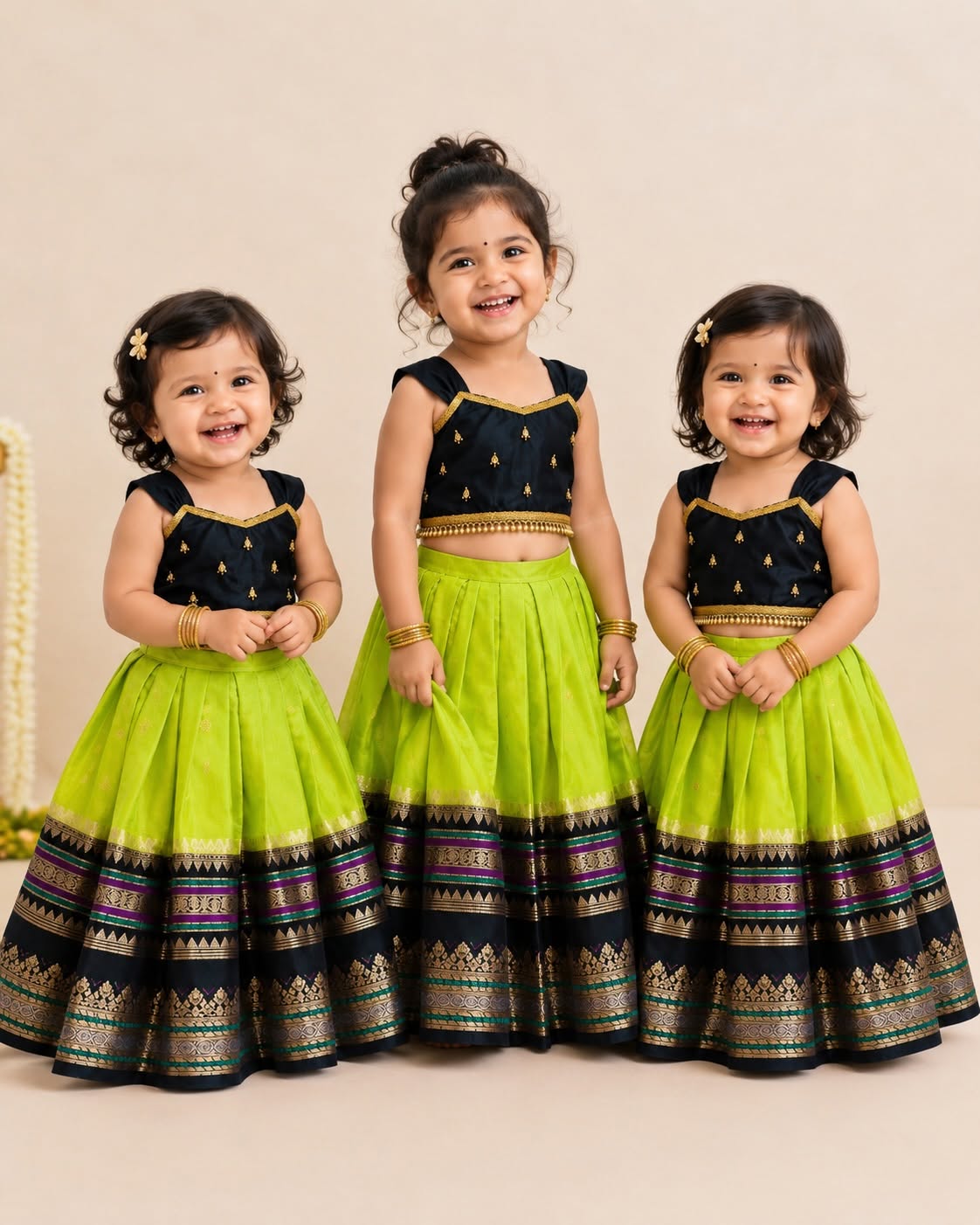 Premium Banarasi Silk Paavadai Sattai – Light Green & Black Combo