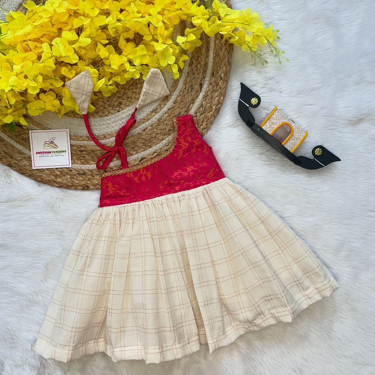 Budget Friendly Kasavu Frock – Pink Banarasi Silk with Kerala Cotton Fabric