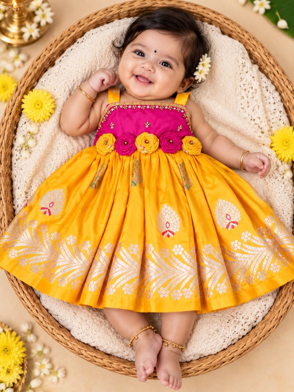 SIYA - Pink & Yellow Premium Banarasi Soft Silk Frock