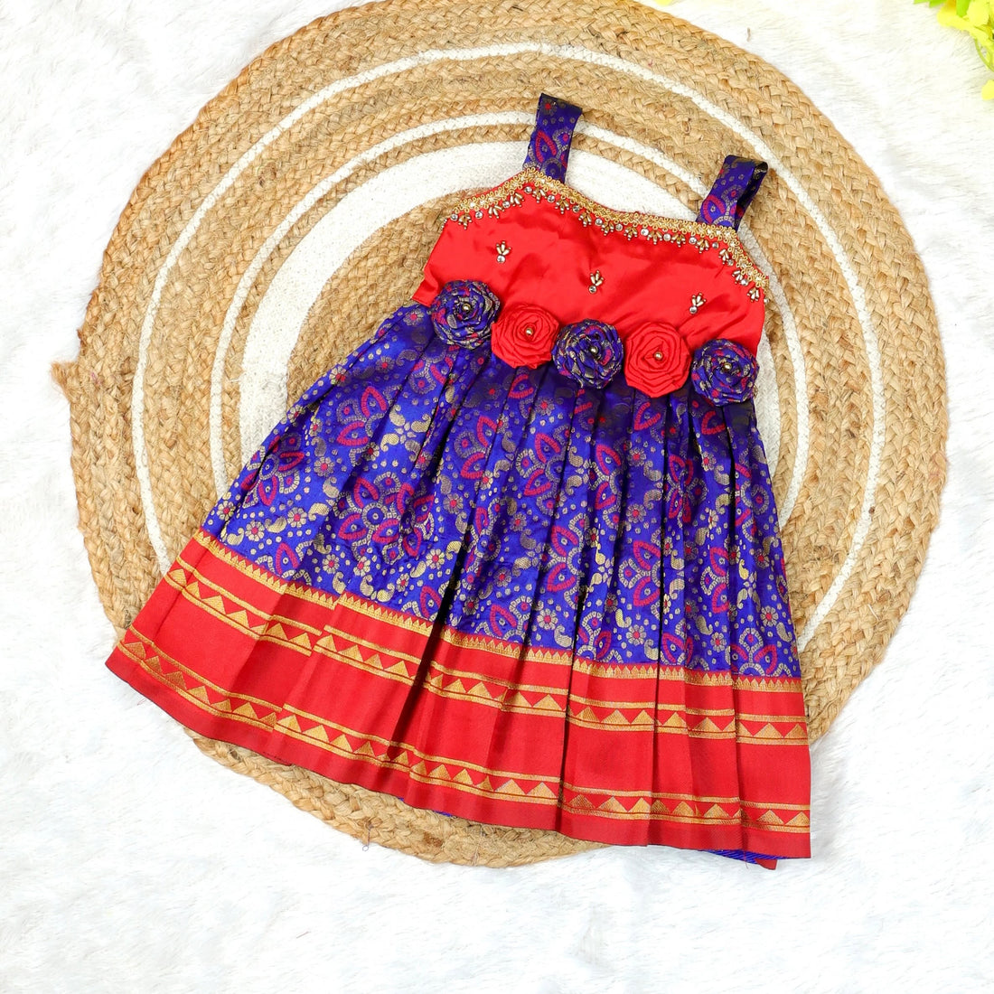 EISHA - Blue & Red Premium Banarasi Silk Frock