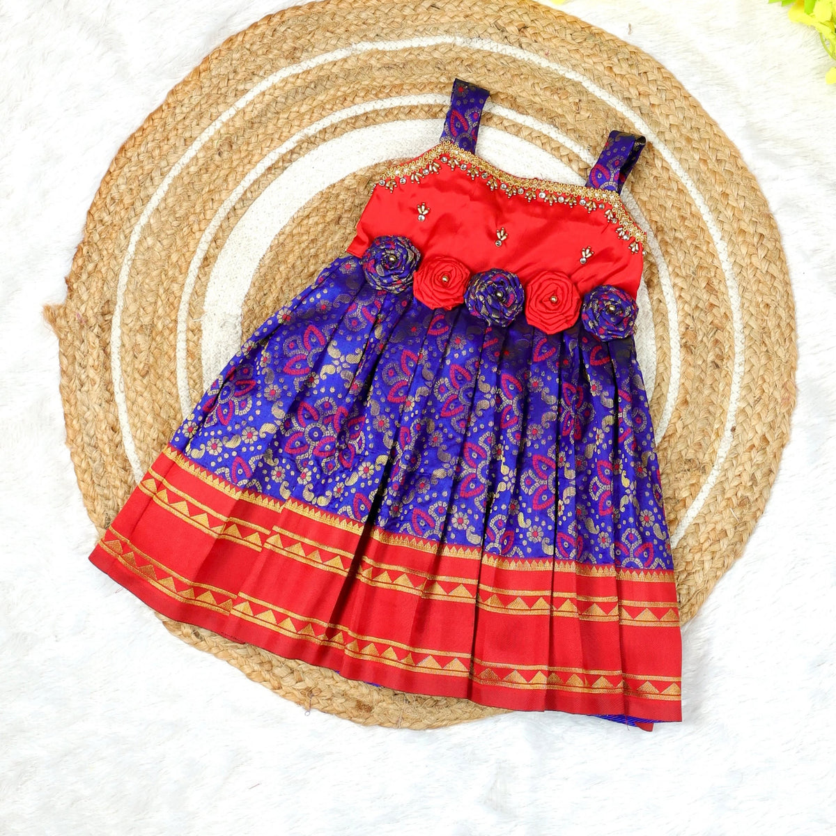 EISHA - Blue & Red Premium Banarasi Silk Frock