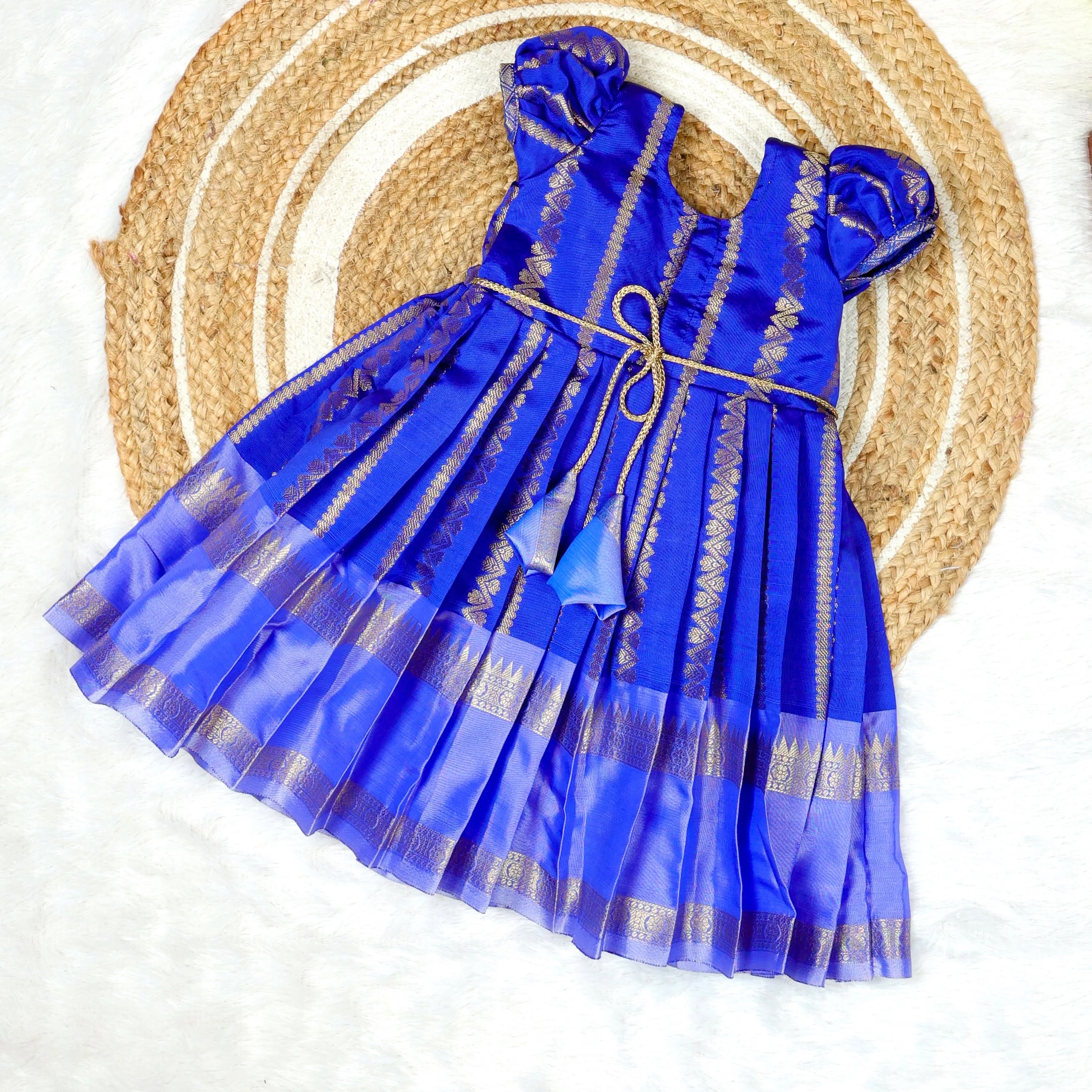 DISHA - Blue Color Semi Kanchipattu Peter Pan Collar Silk Frock