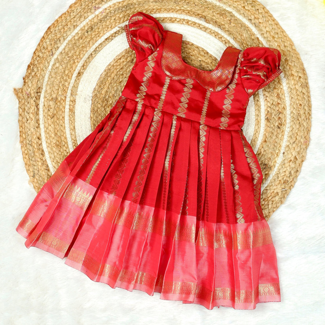 DISHA - Red Color Semi Kanchipattu Peter Pan Collar Silk Frock