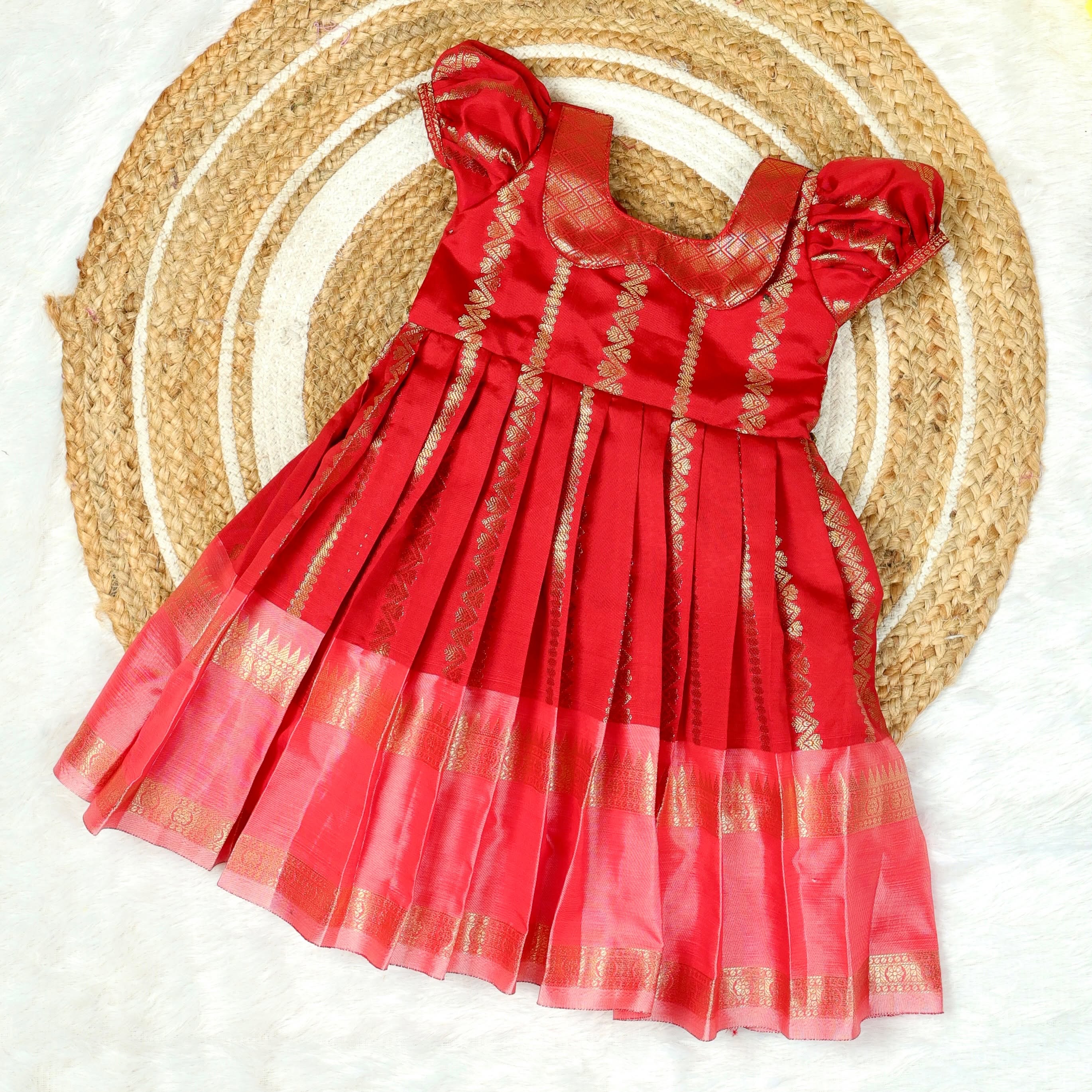 DISHA - Red Color Semi Kanchipattu Peter Pan Collar Silk Frock