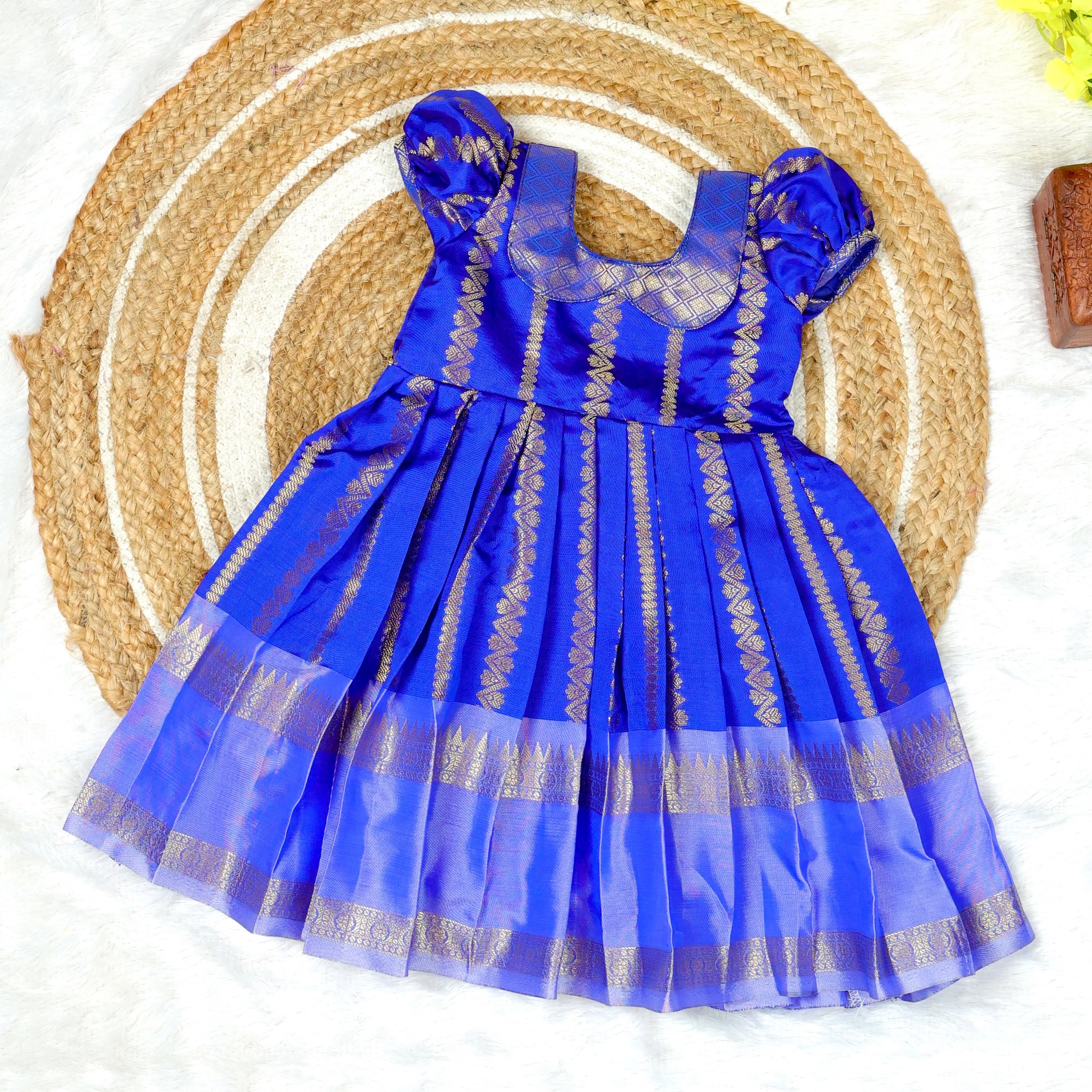 DISHA - Blue Color Semi Kanchipattu Peter Pan Collar Silk Frock