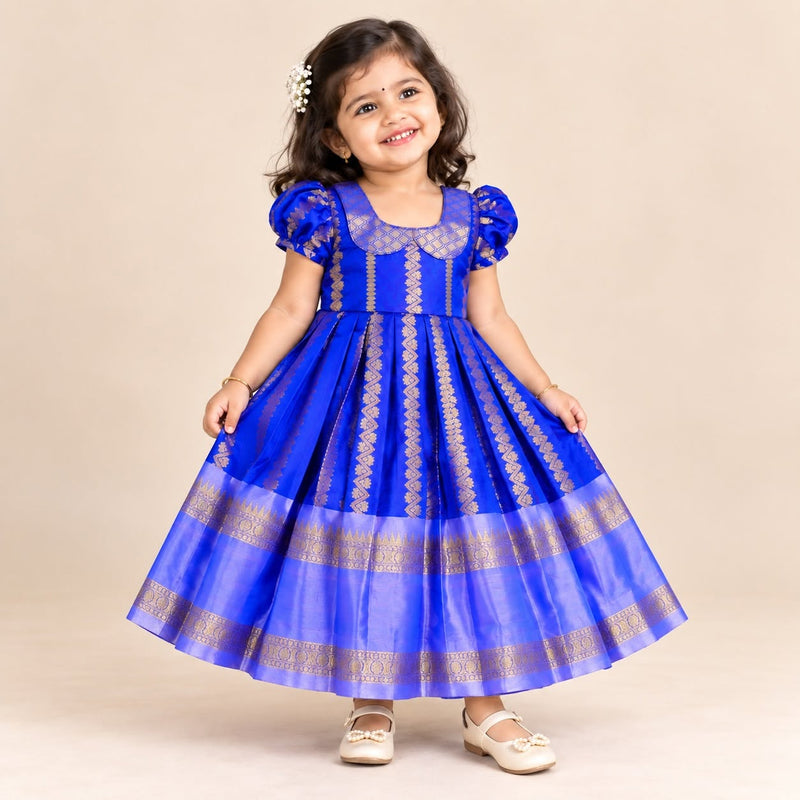 DISHA - Blue Color Semi Kanchipattu Peter Pan Collar Silk Frock