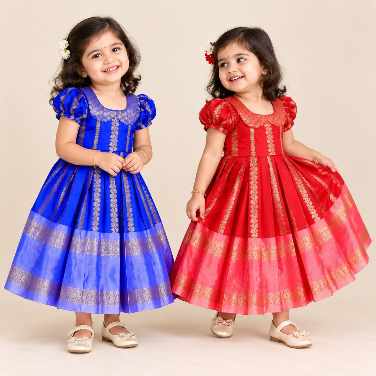 DISHA - Blue Color Semi Kanchipattu Peter Pan Collar Silk Frock