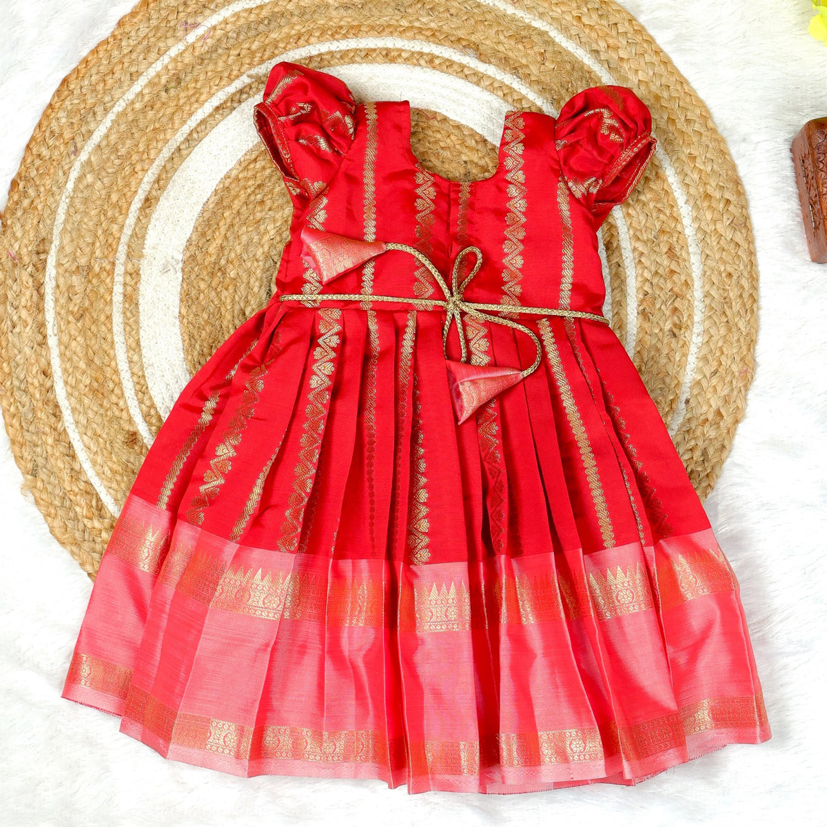 DISHA - Red Color Semi Kanchipattu Peter Pan Collar Silk Frock