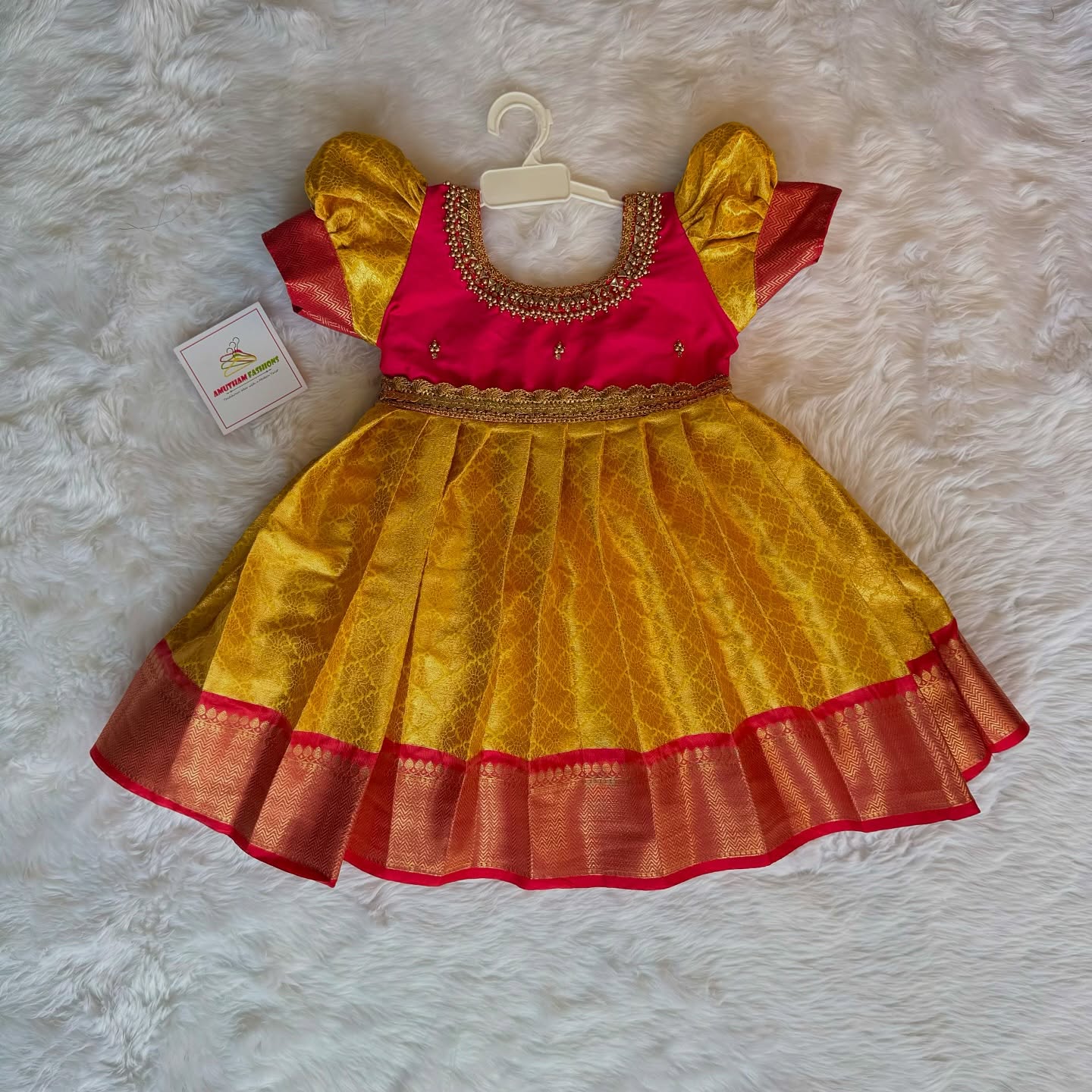 Yellow and Pink- Traditional Premium Semi Kanchipattu Frock