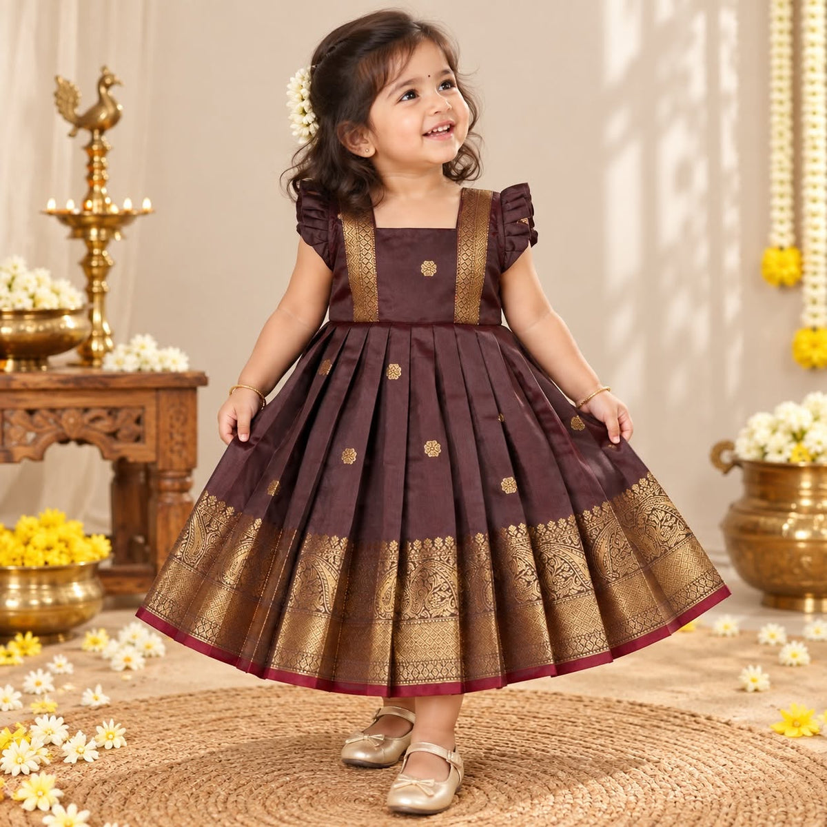 NARUVI - Coffee Borwn Pink Banarasi Silk Frock