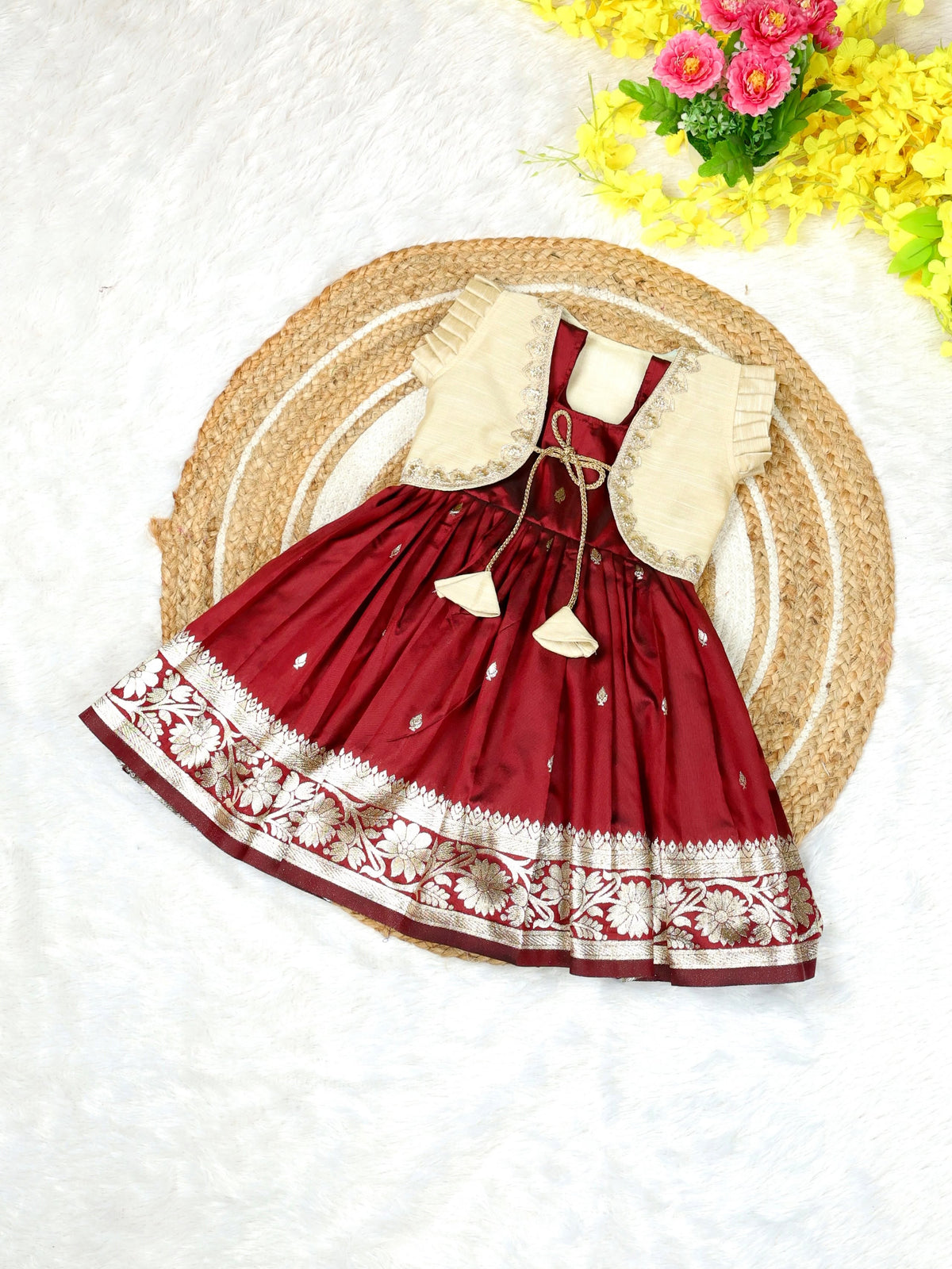 RADHIMA - Royal Maroon Banarasi Soft Silk Frock & Off-White Raw Silk Coat