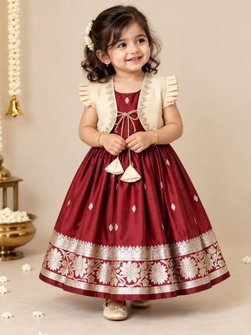 RADHIMA - Royal Maroon Banarasi Soft Silk Frock & Off-White Raw Silk Coat