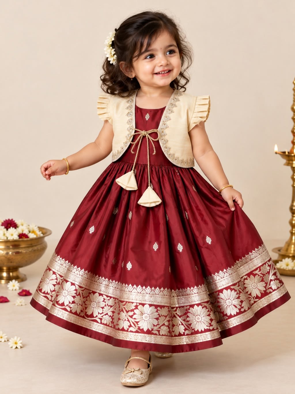 RADHIMA - Royal Maroon Banarasi Soft Silk Frock & Off-White Raw Silk Coat