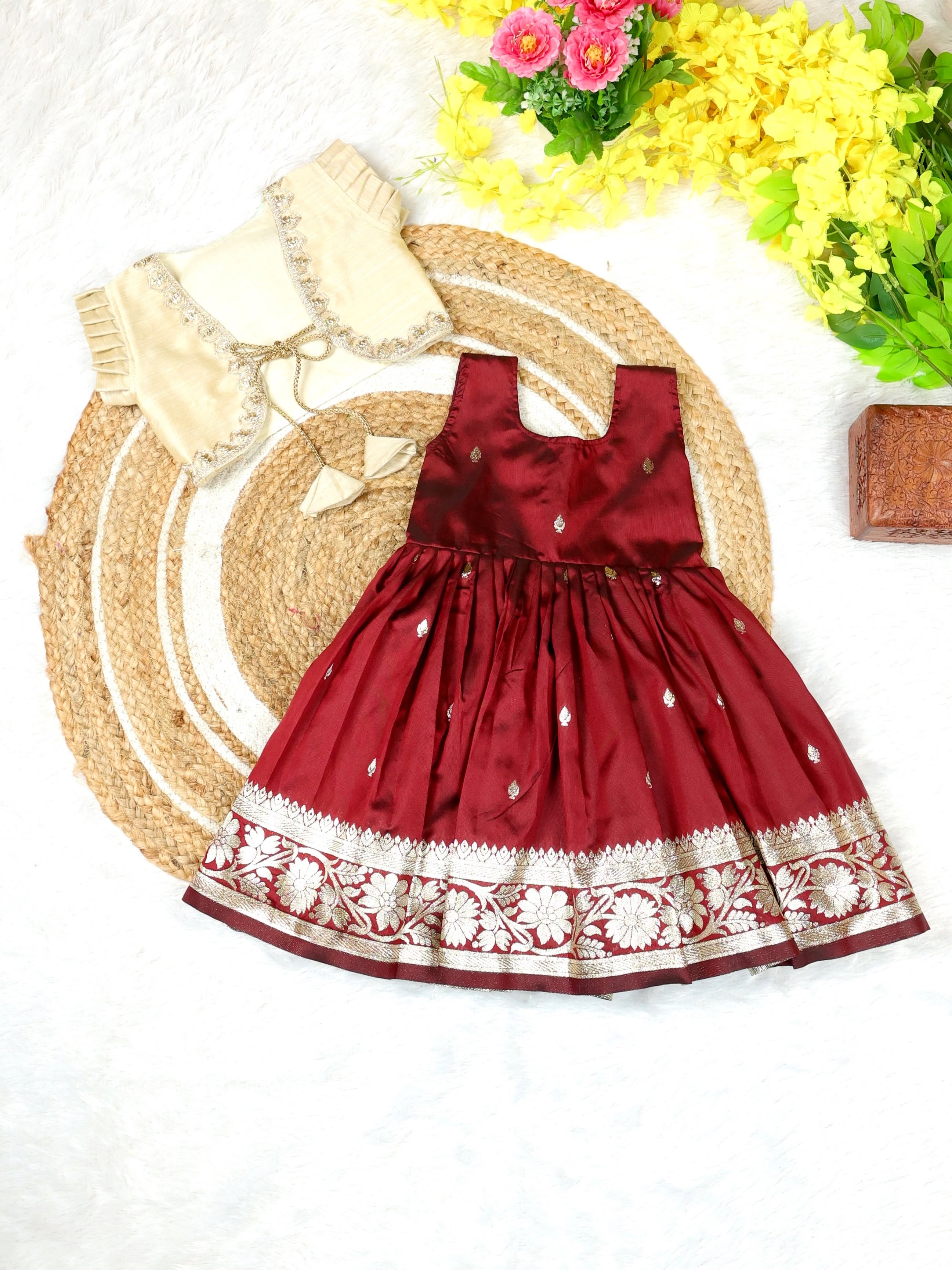 RADHIMA - Royal Maroon Banarasi Soft Silk Frock & Off-White Raw Silk Coat