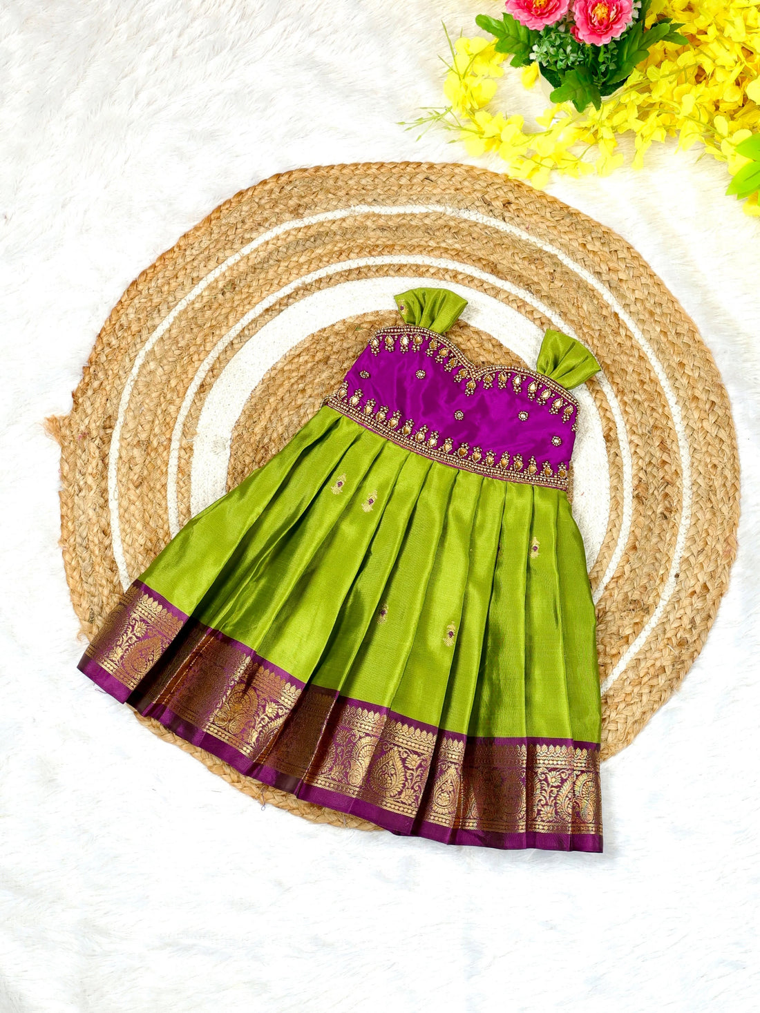 OVIYAM - Green and Purple Combo Premium Soft Silk Frock featuring a Kanchipattu-style woven border