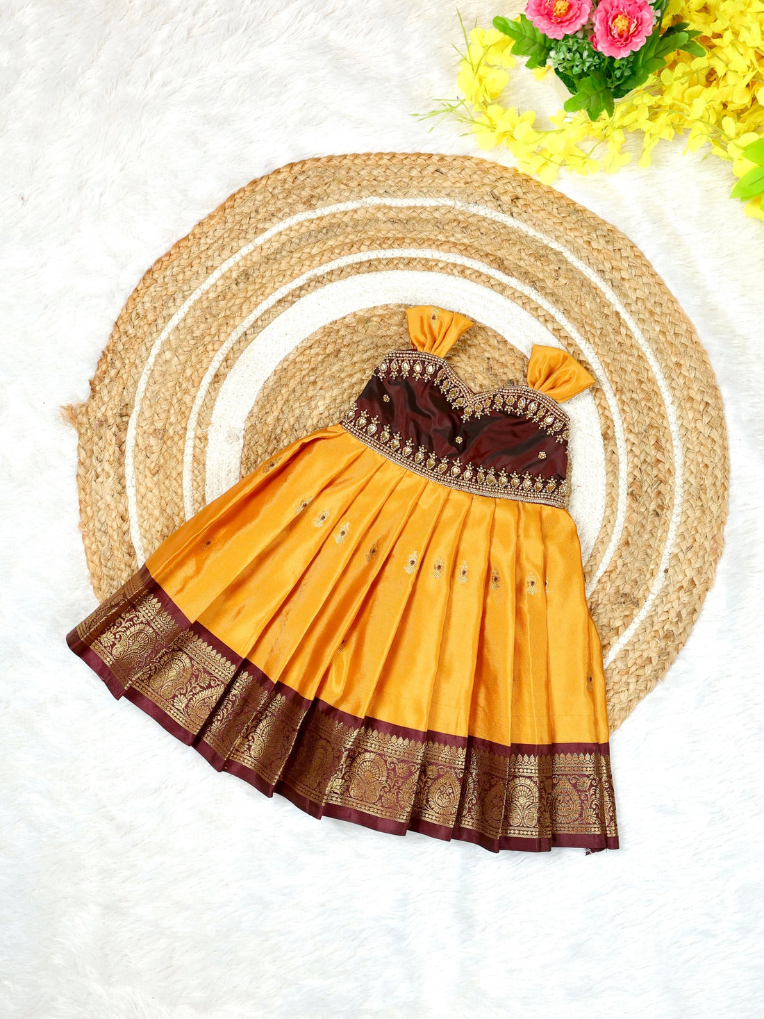 OVIYAM - Yellow and Maroon Combo Premium Soft Silk Frock featuring a Kanchipattu-style woven border