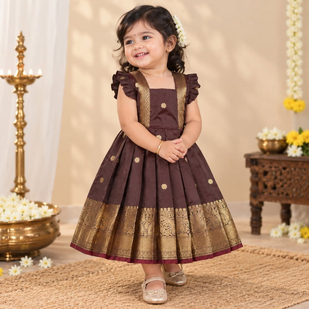 NARUVI - Coffee Borwn Pink Banarasi Silk Frock