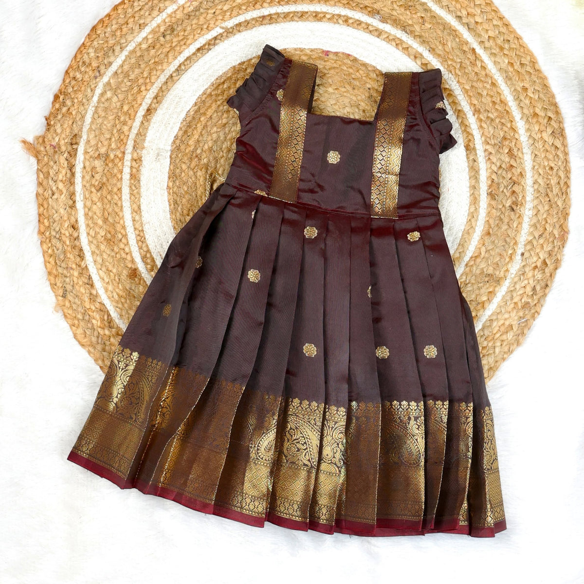 NARUVI - Coffee Borwn Pink Banarasi Silk Frock
