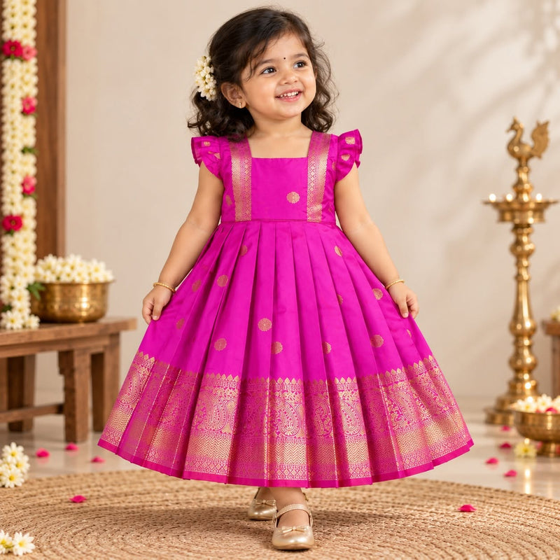 NARUVI - Roja Pink Banarasi Silk Frock