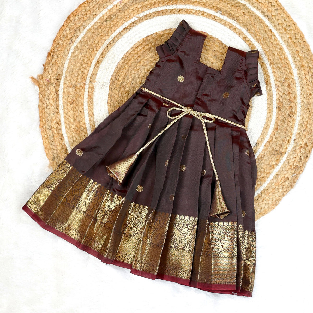 NARUVI - Coffee Borwn Pink Banarasi Silk Frock
