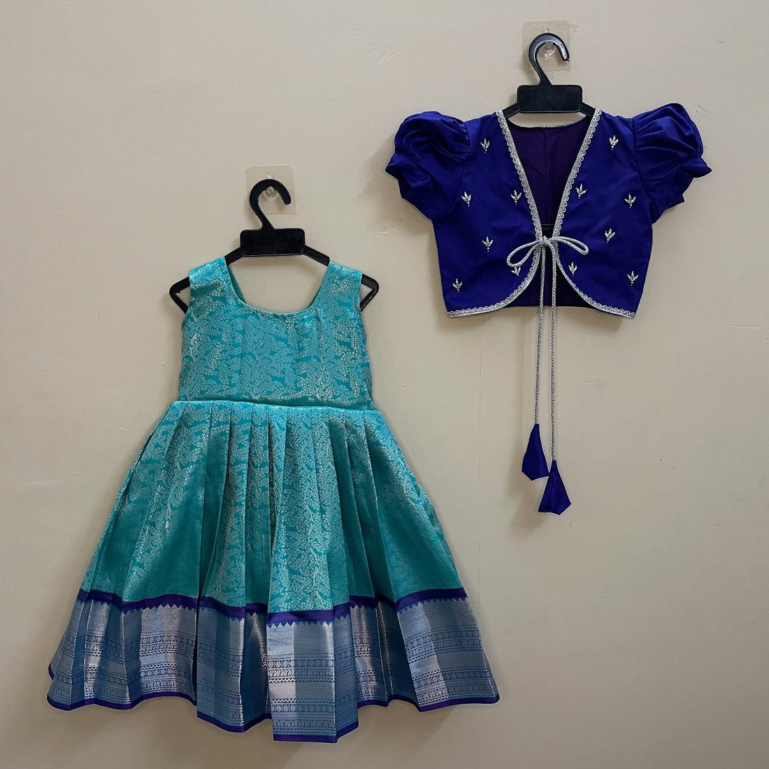 Turquoise Blue Semi Kanchipattu Frock with Silk Violet Coat
