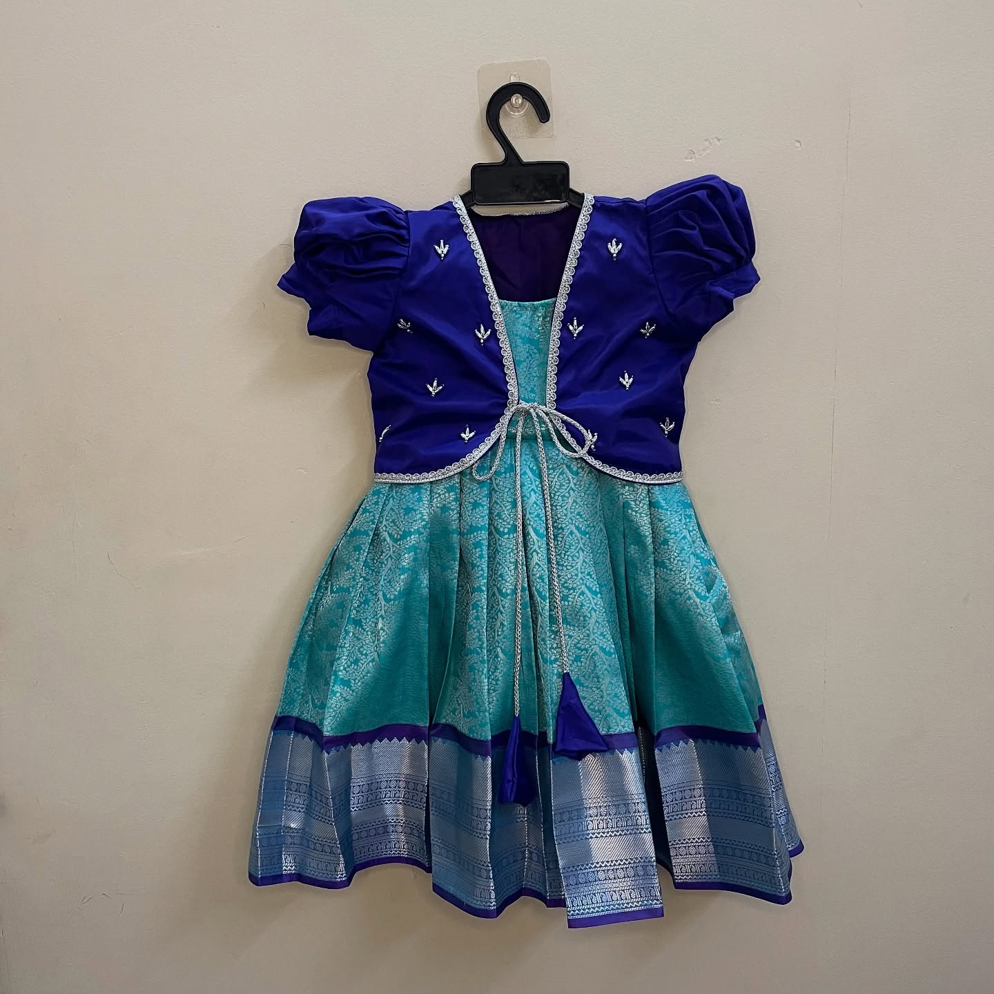 Turquoise Blue Semi Kanchipattu Frock with Silk Violet Coat
