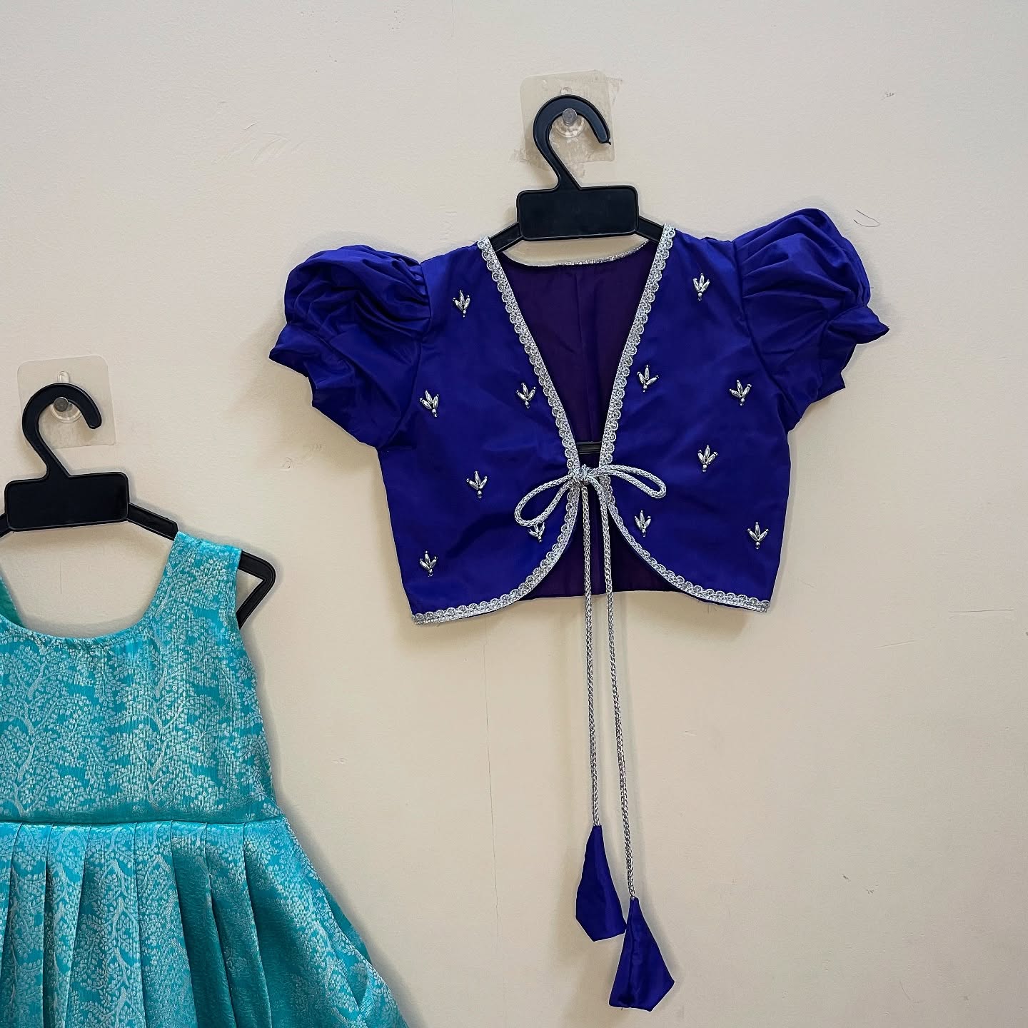 Turquoise Blue Semi Kanchipattu Frock with Silk Violet Coat