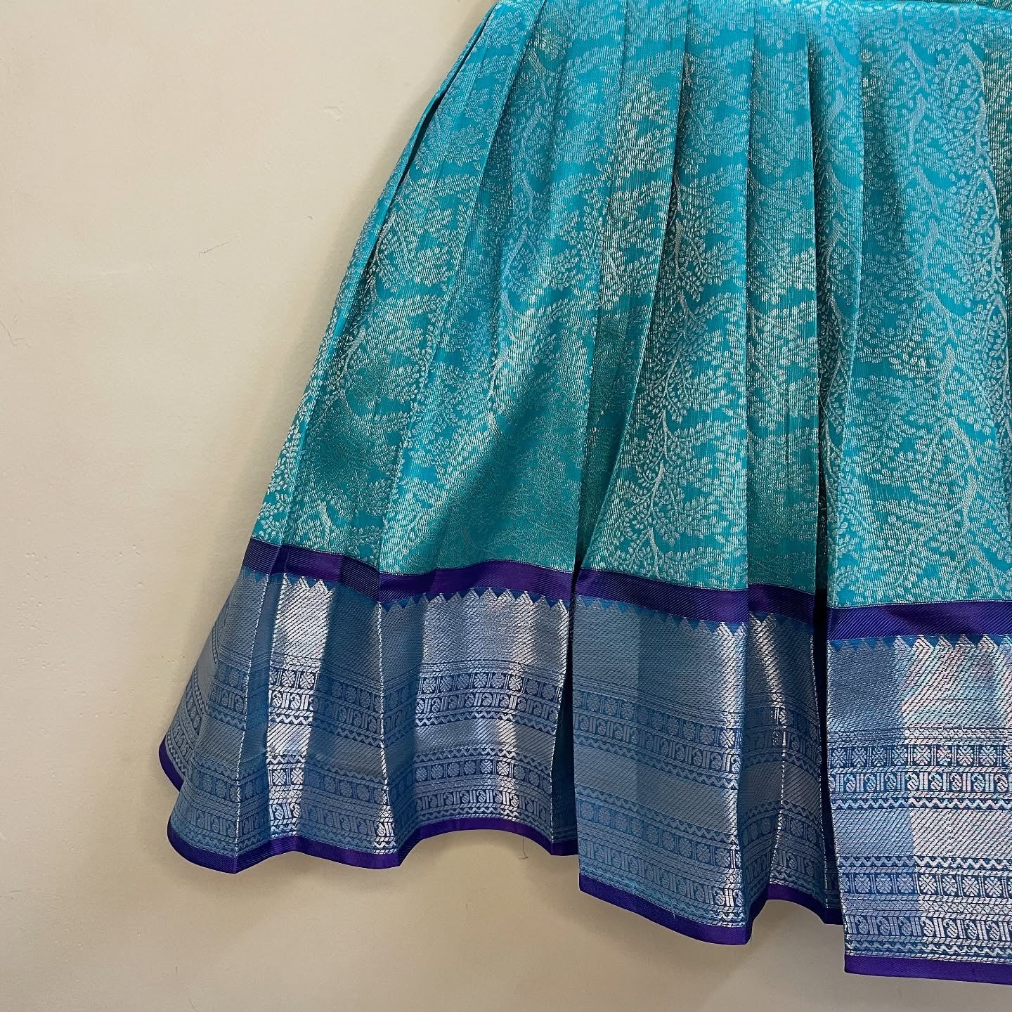 Turquoise Blue Semi Kanchipattu Frock with Silk Violet Coat
