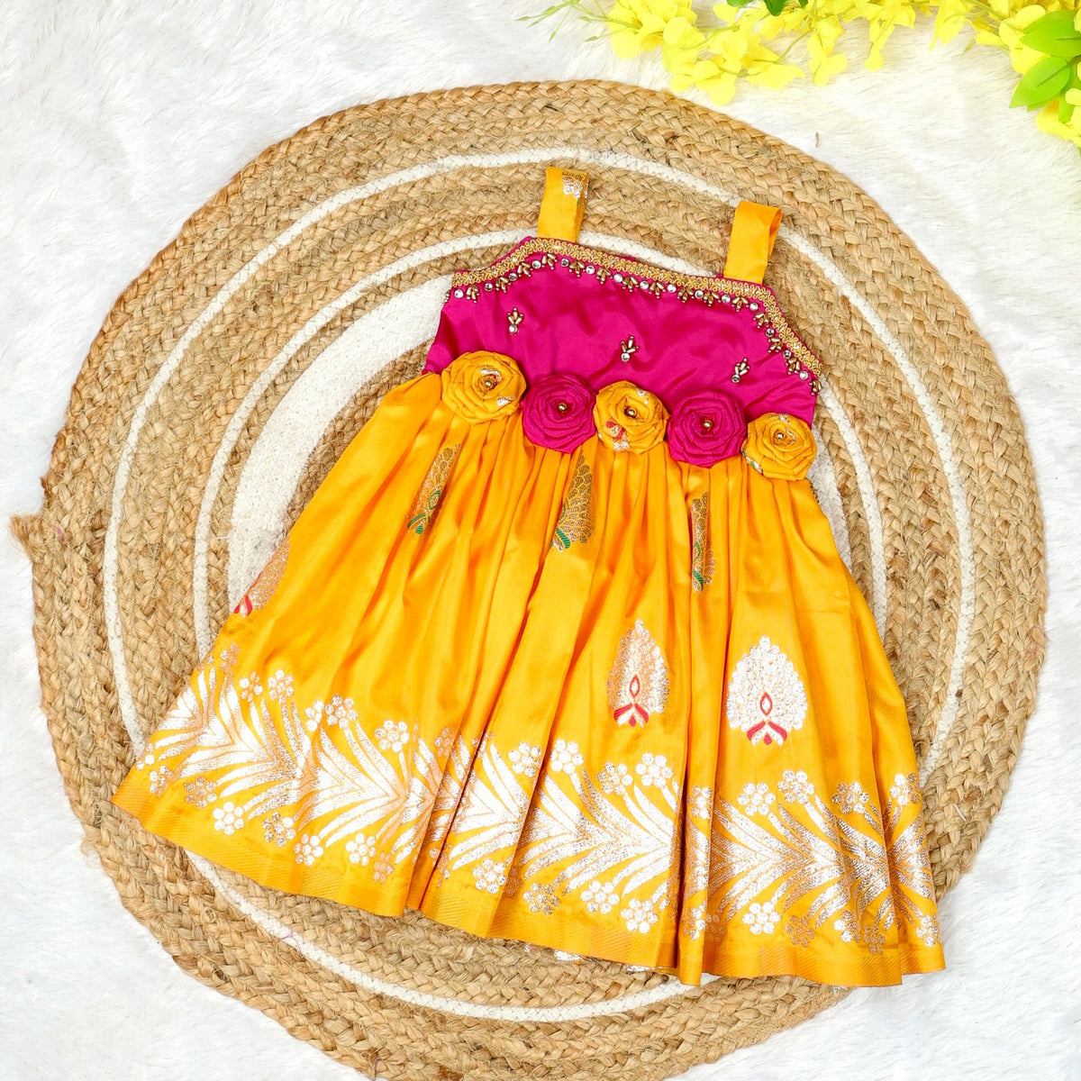 SIYA - Pink & Yellow Premium Banarasi Soft Silk Frock