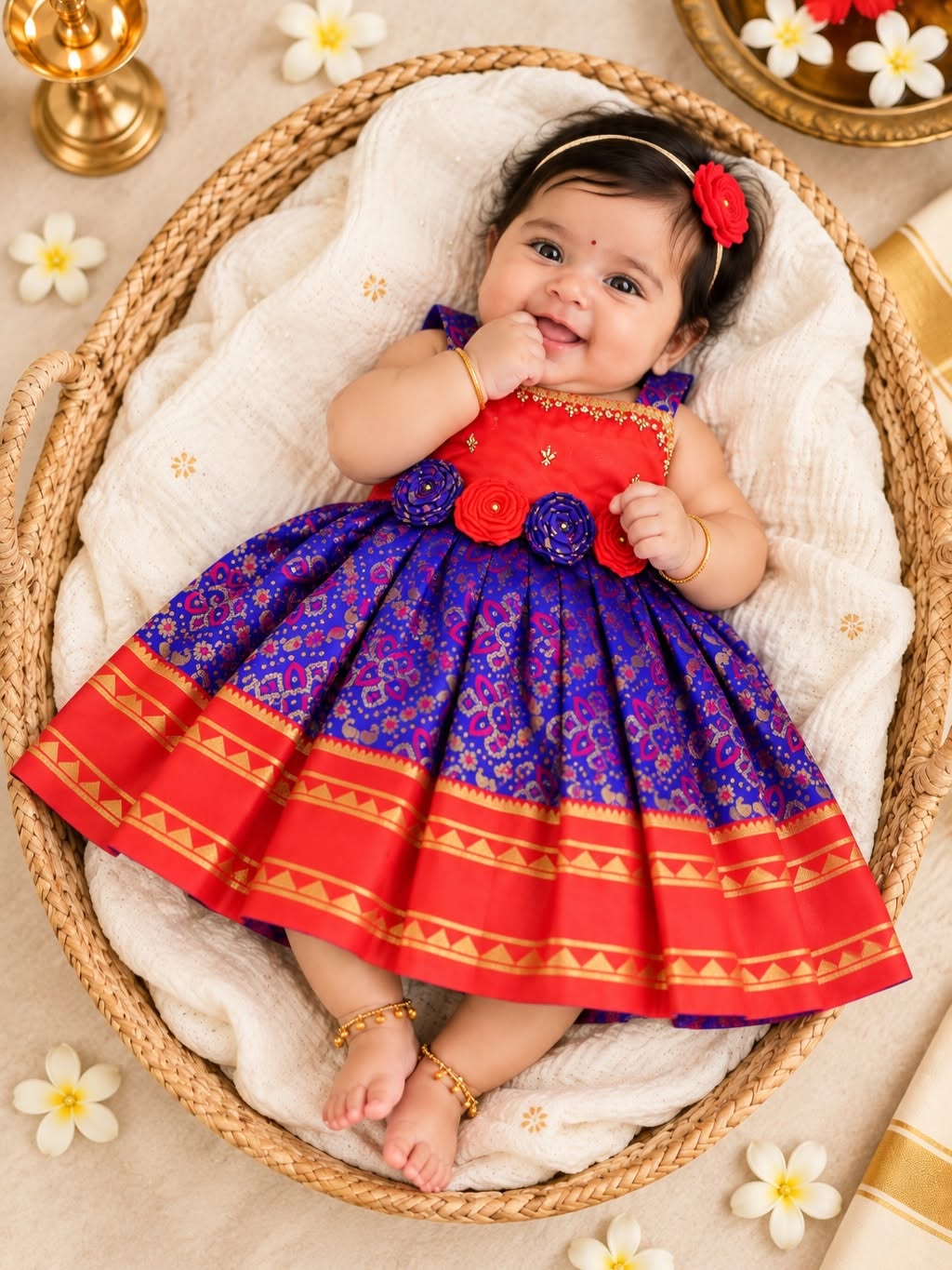 EISHA - Blue & Red Premium Banarasi Silk Frock