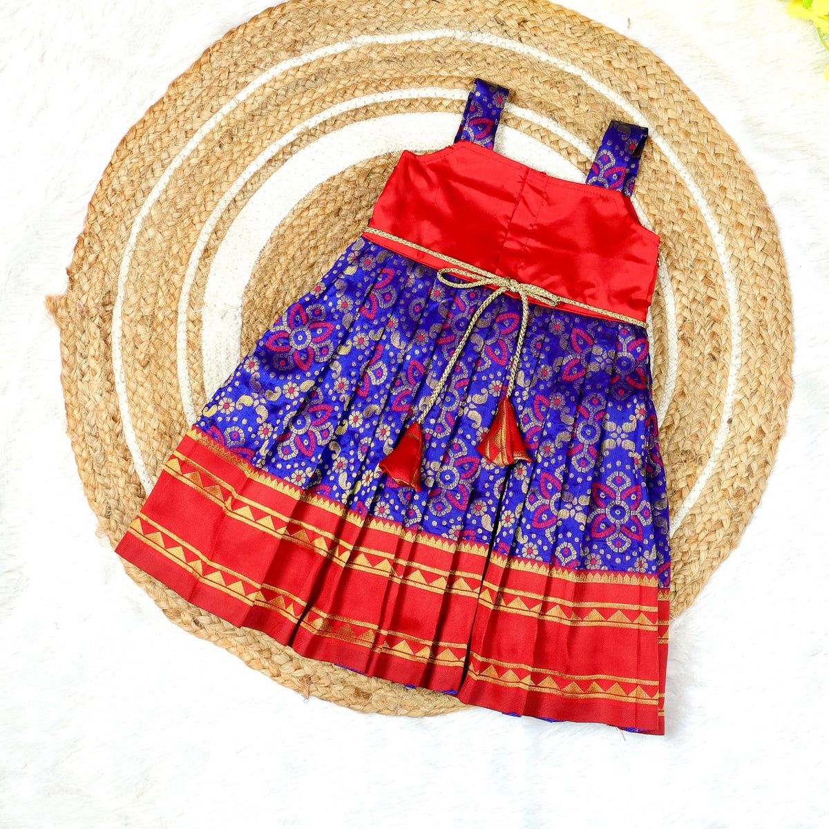 EISHA - Blue & Red Premium Banarasi Silk Frock