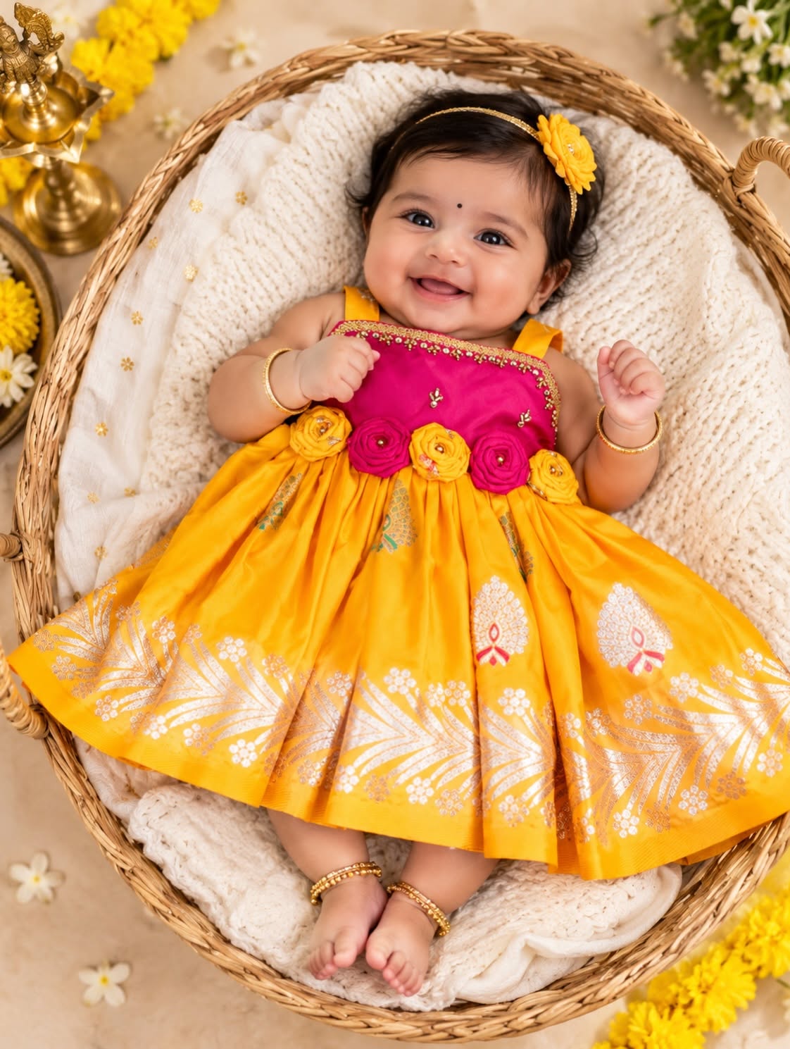 SIYA - Pink & Yellow Premium Banarasi Soft Silk Frock