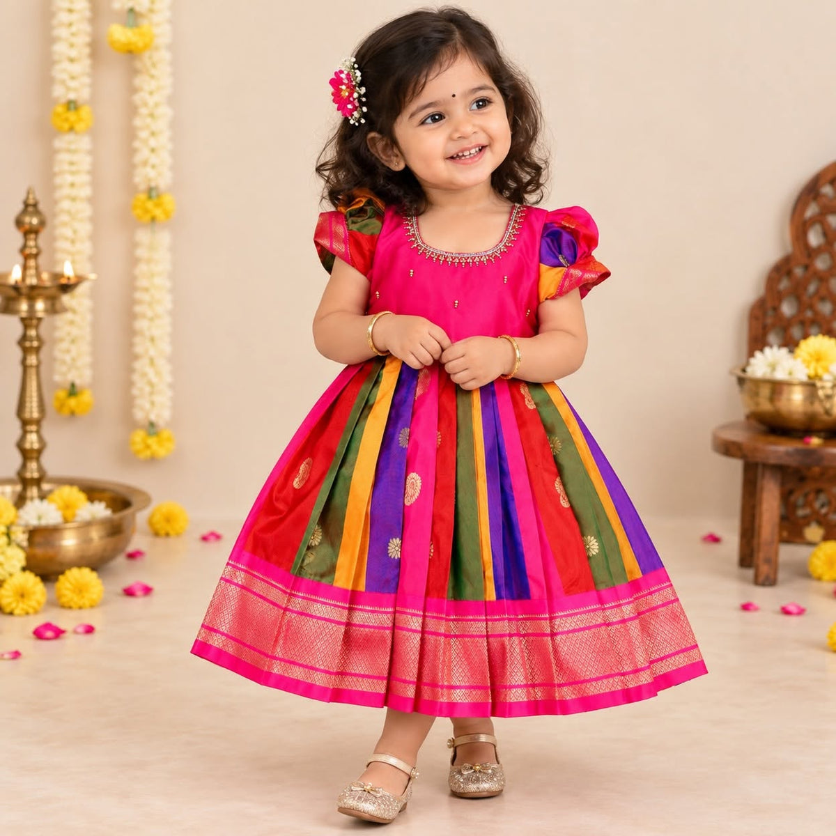 RANGOLI – A Celebration of Colours - Multicolour Festive Ethnic Semi Kanchi Silk Frock