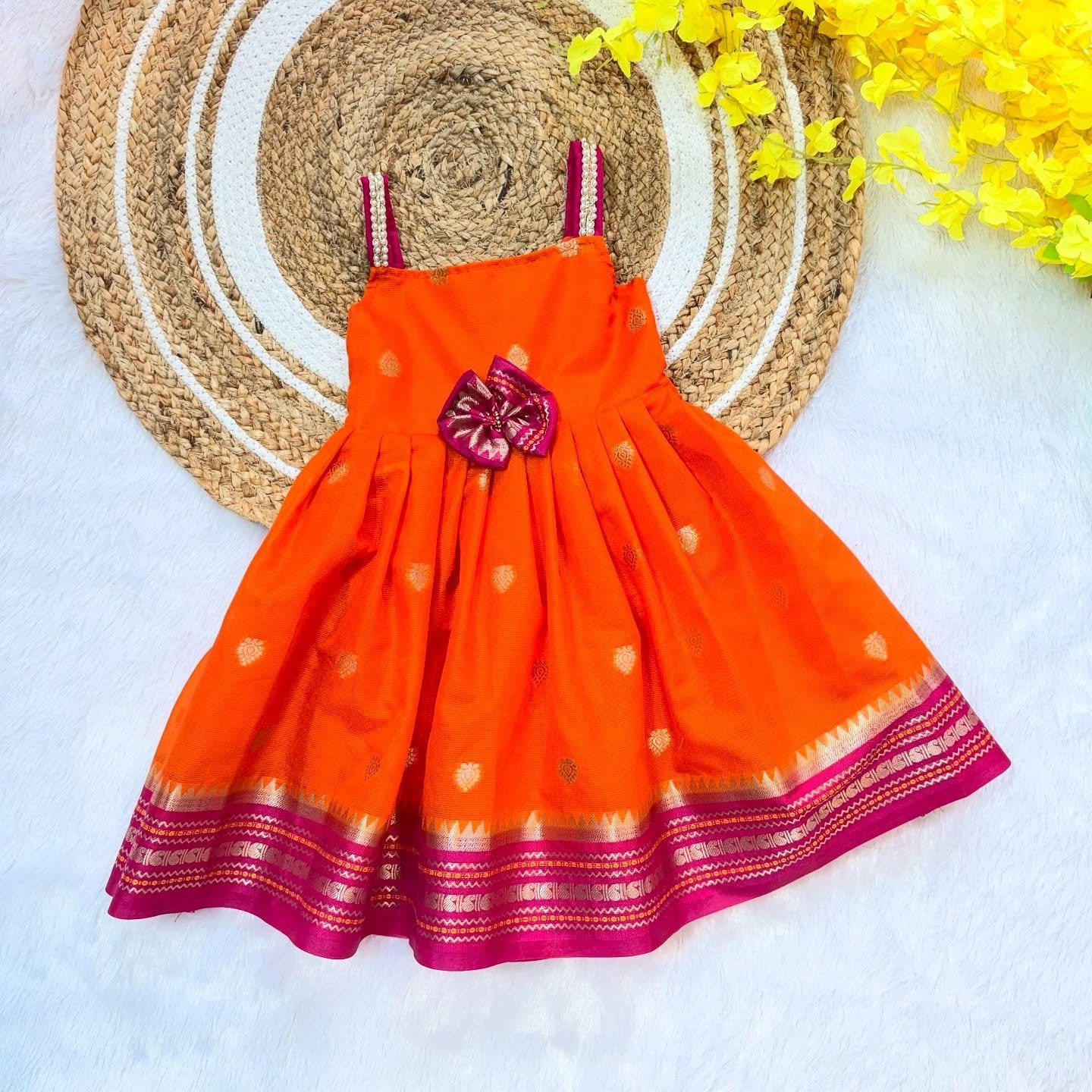 Orange and Pink Banarasi Silk Frock