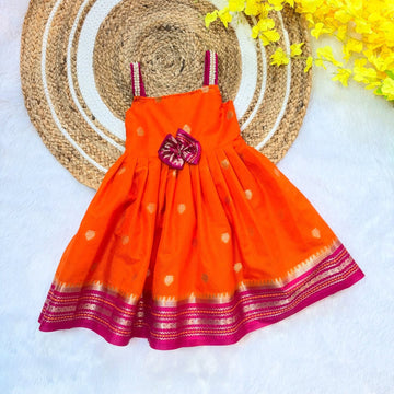 Orange and Pink Banarasi Silk Frock