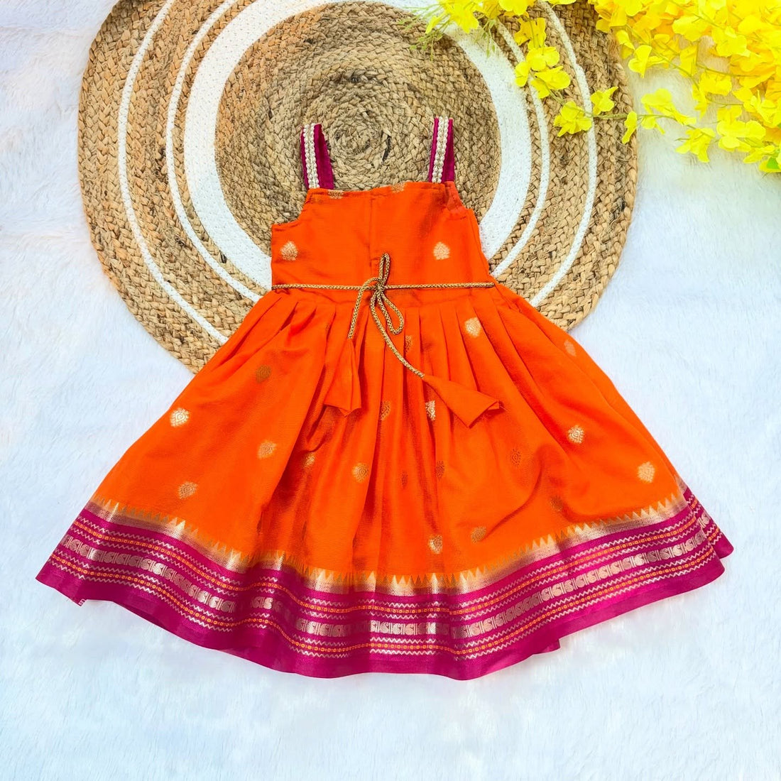 Orange and Pink Banarasi Silk Frock