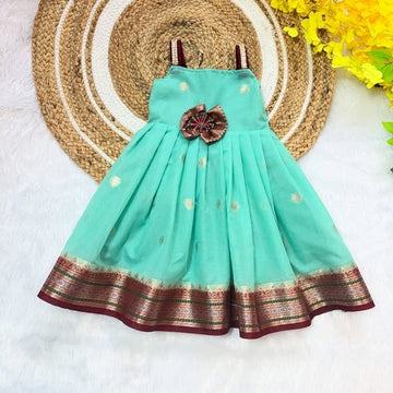 Turquoise Blue and Maroon Banarasi Silk Frock