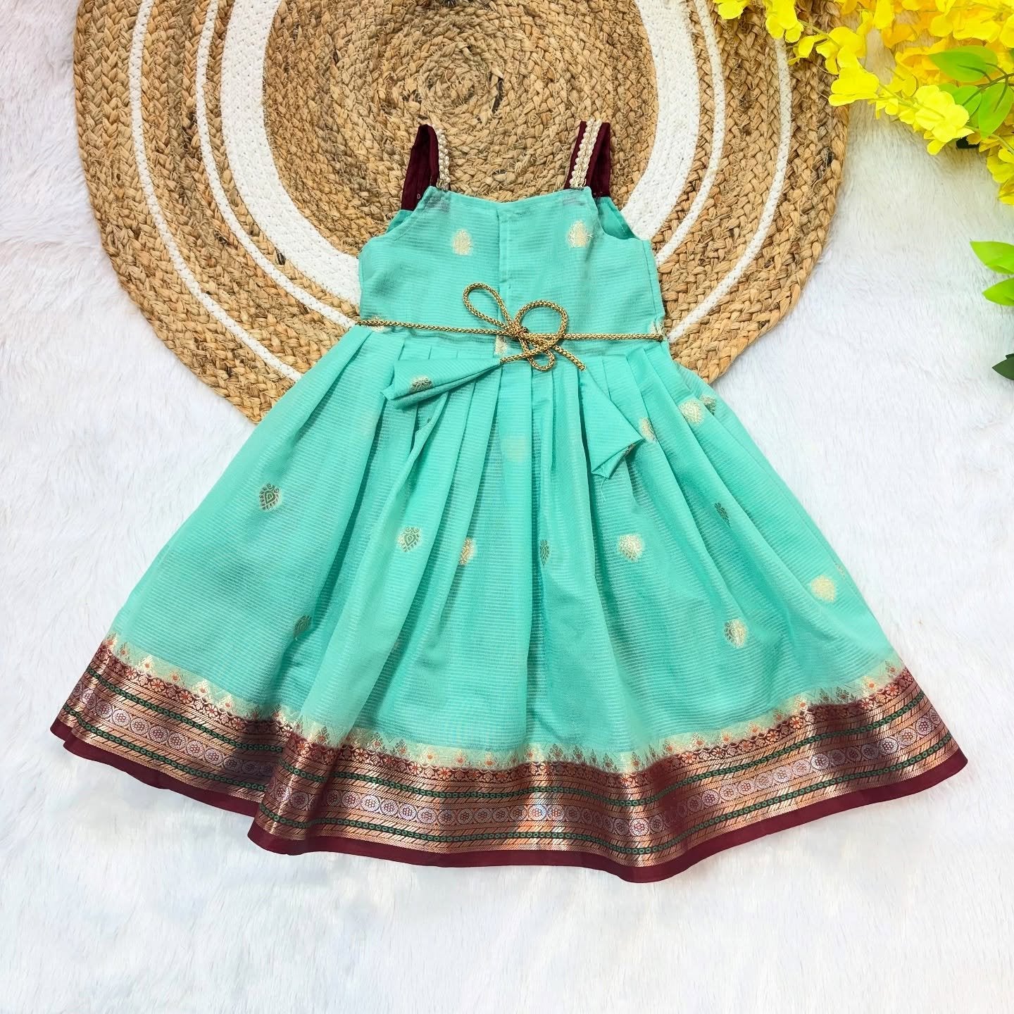 Turquoise Blue and Maroon Banarasi Silk Frock