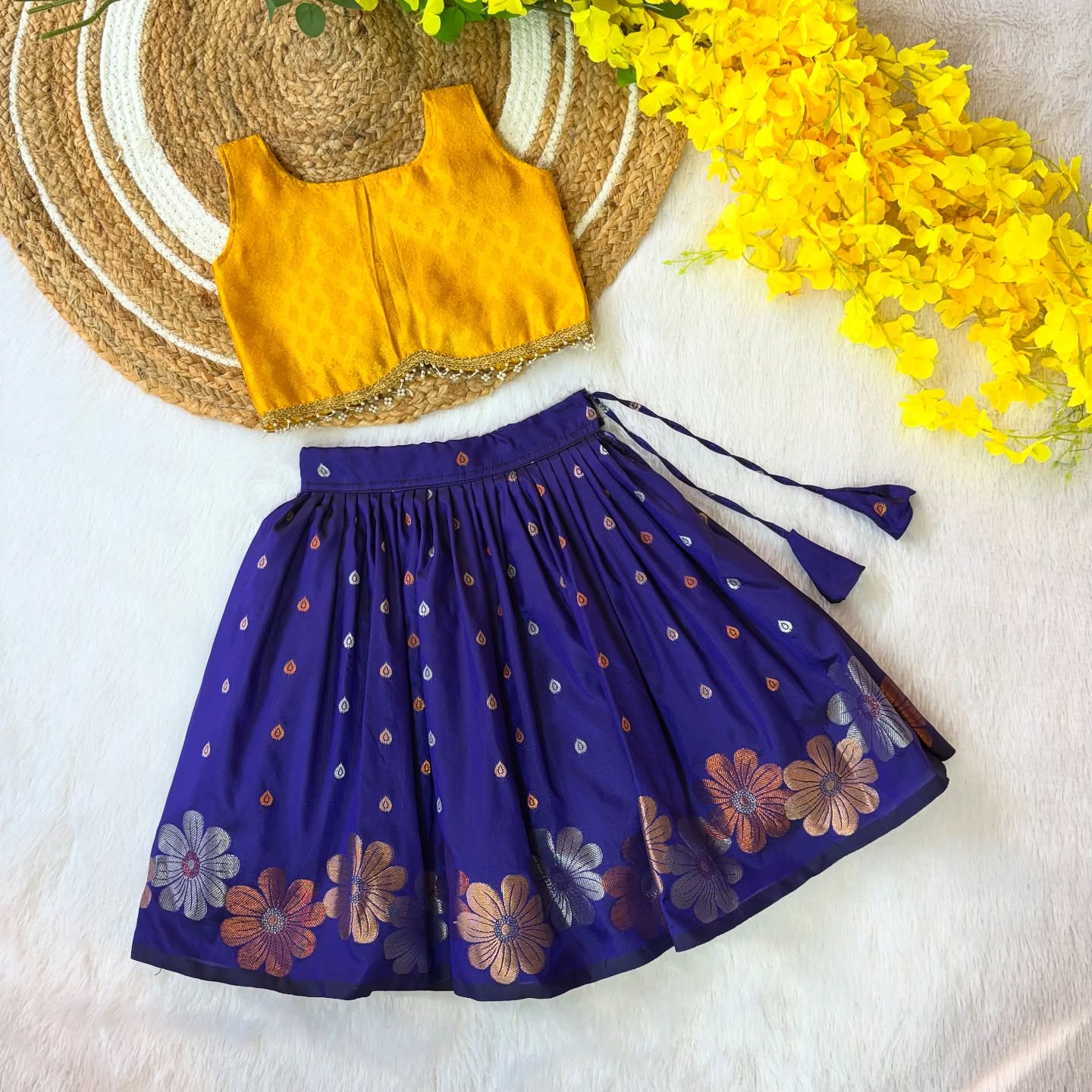 Yellow and Bluish Voilet Banarasi Paavadai Set