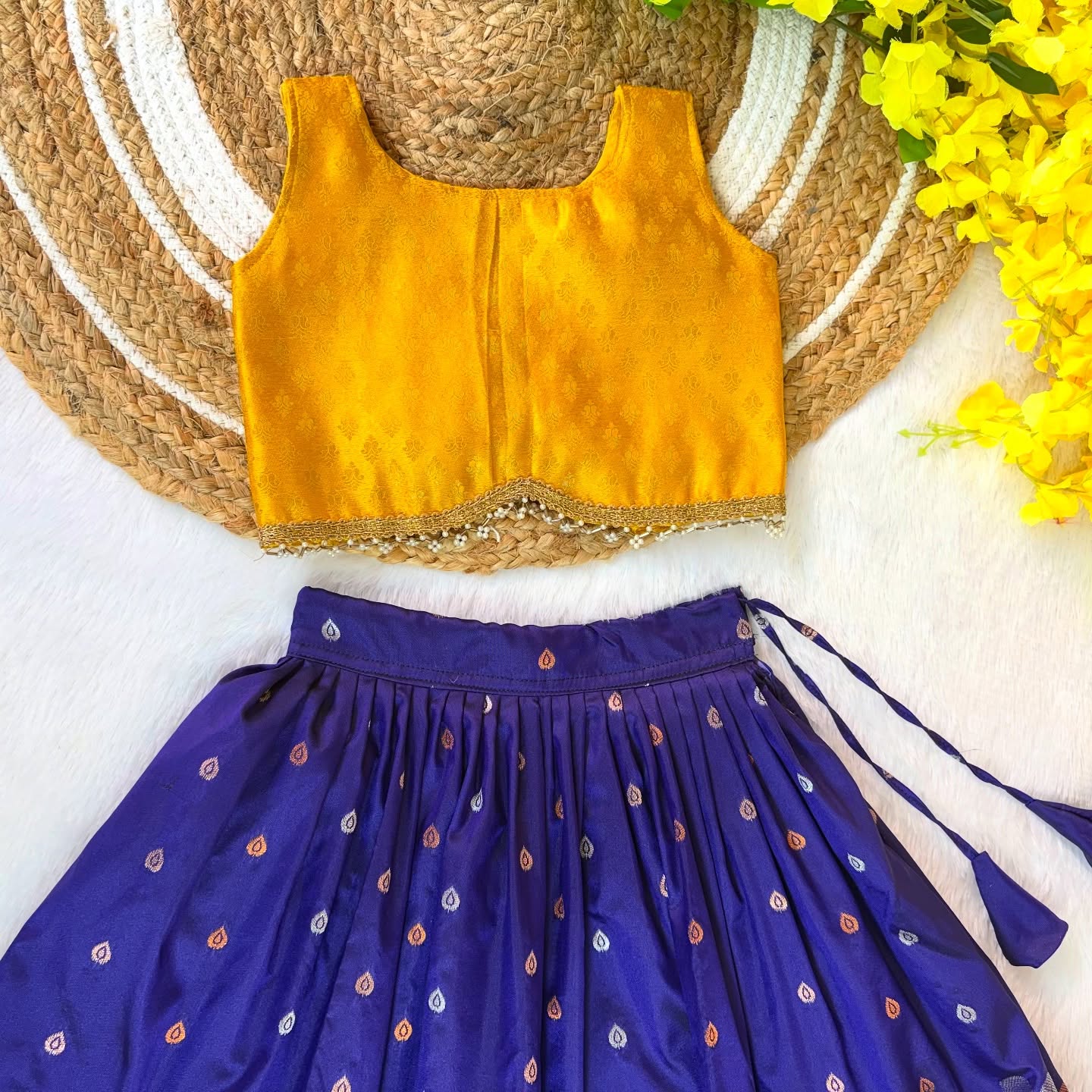 Yellow and Bluish Voilet Banarasi Paavadai Set