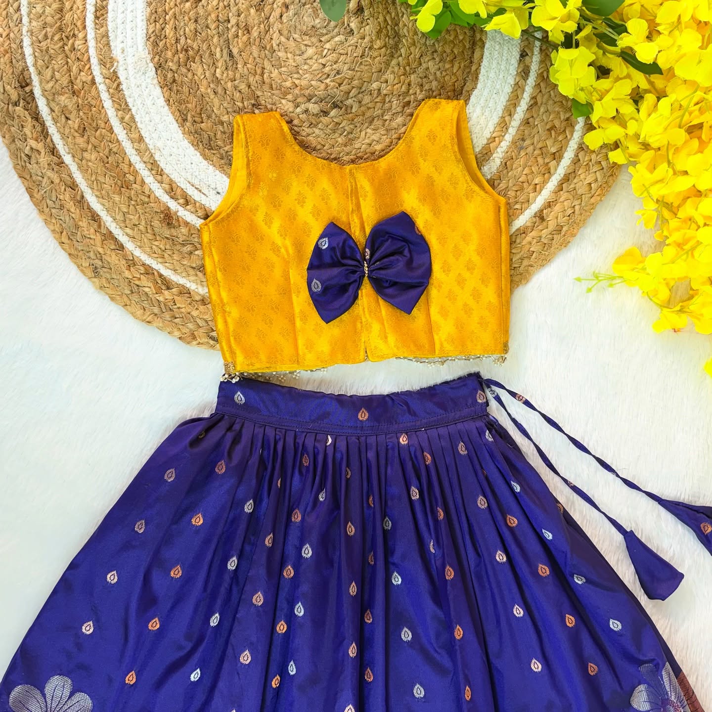 Yellow and Bluish Voilet Banarasi Paavadai Set
