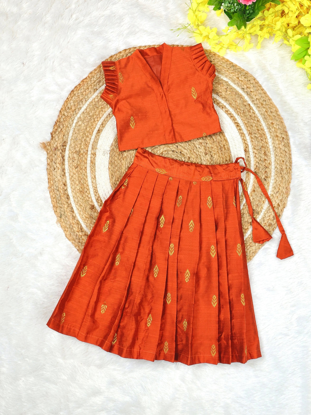 Premium Raw Silk Skirt & Top in Orange hue (KIARA) – Festive Elegance Redefined